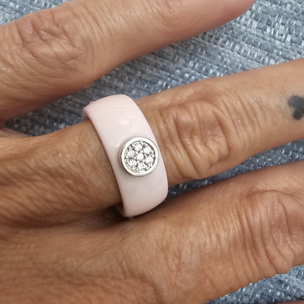 Pink Ceramic Band Ring with Pave CZ - Picture 6 of 8